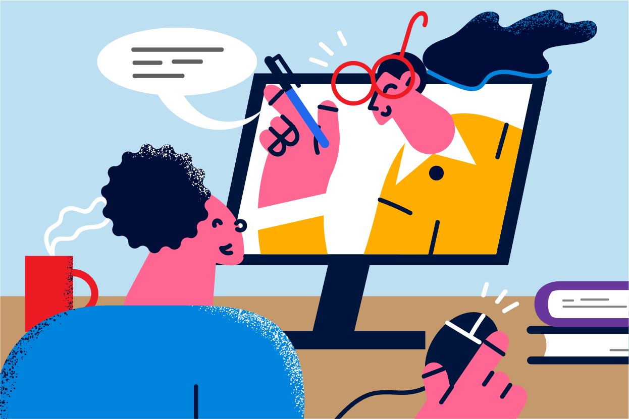 Colourful illustration of someone interviewing over a computer